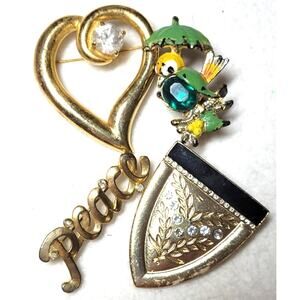 Vintage 4 Pc Brooch Lot Goldtone Rhinestones Heart Enamel Bird Peace Shield